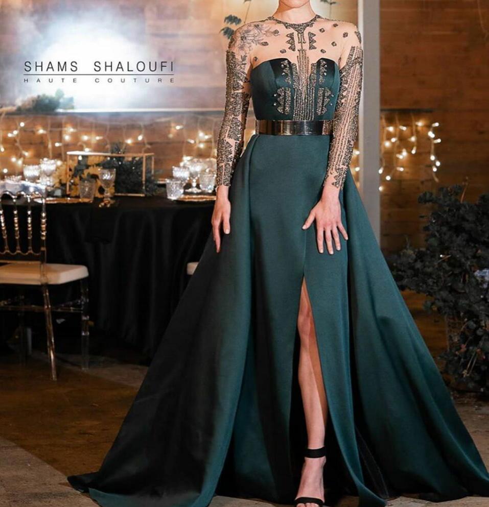 Evening dress Yousef aljasmi Kendal Jenner Women dress Kim kardashian Mermaid Green O-Neck Ball gown Silver Crystal Long sleeve-image-585785797