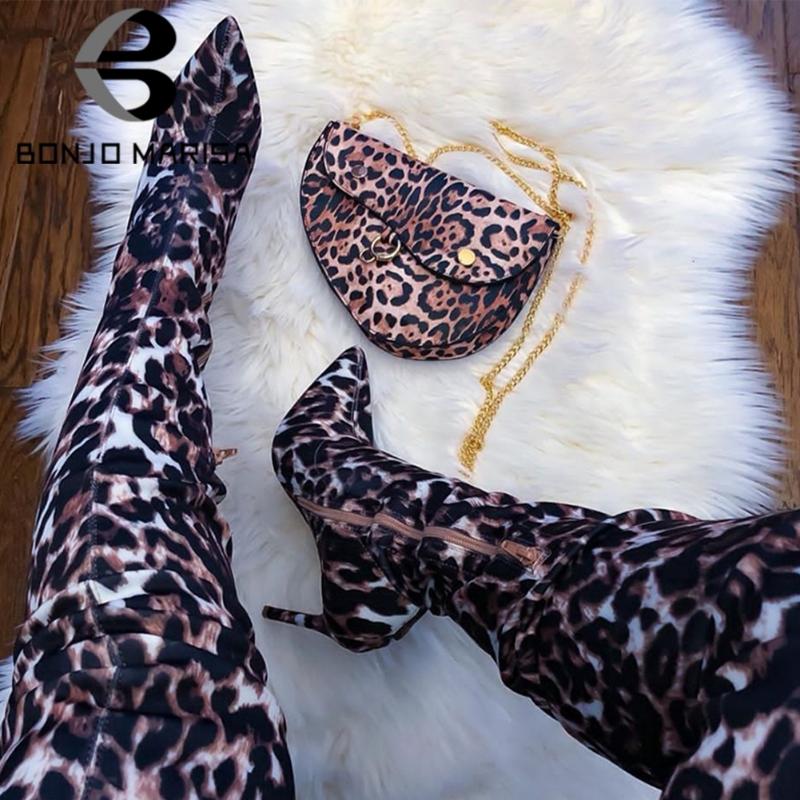 

BONJOMARISA Sexy Ladies Knee High Boots Leopard Print Pointed Toe Over The Knee Boots Women Party High Heels Shoes Woman, Black