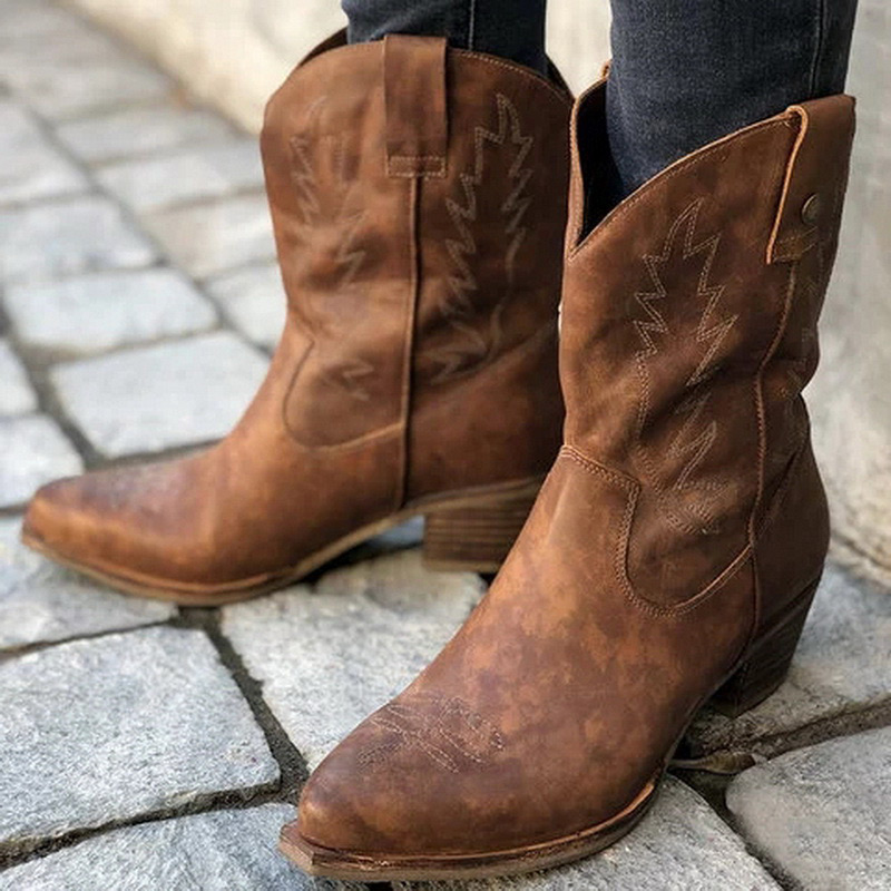 

Women Classic Embroider Western Cowboy Boots Ladies Mid Heels Women's Slip On Woman Mid-calf Boots Female Shoes Botas Mujer, Black