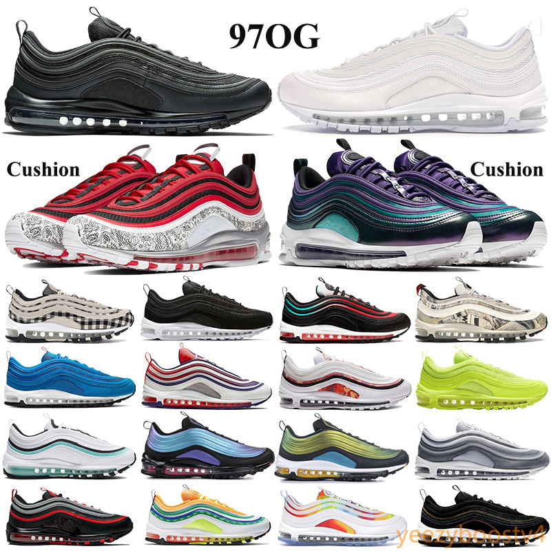 

New Cushion 97OG Men Women Running Shoes triple white black sport Sneakers gradient fade neon seoul Court Purple japan OG wolf grey Trainers, 29-summit white