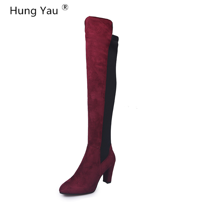 

Hung Yau Over-the-Knee Boots Party Trendy Style Thigh High Heels Women's Shoes Woman Long Splicing Faux Suede Boots Size 35-43, Black