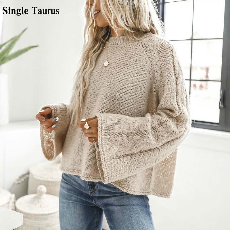 

2020 Autumn Winter Female Sweaters Flare Sleeve Loose Streetwear Womens Clothes Casual Elegant Vintage Sweater Knit Top Pullover, Beige