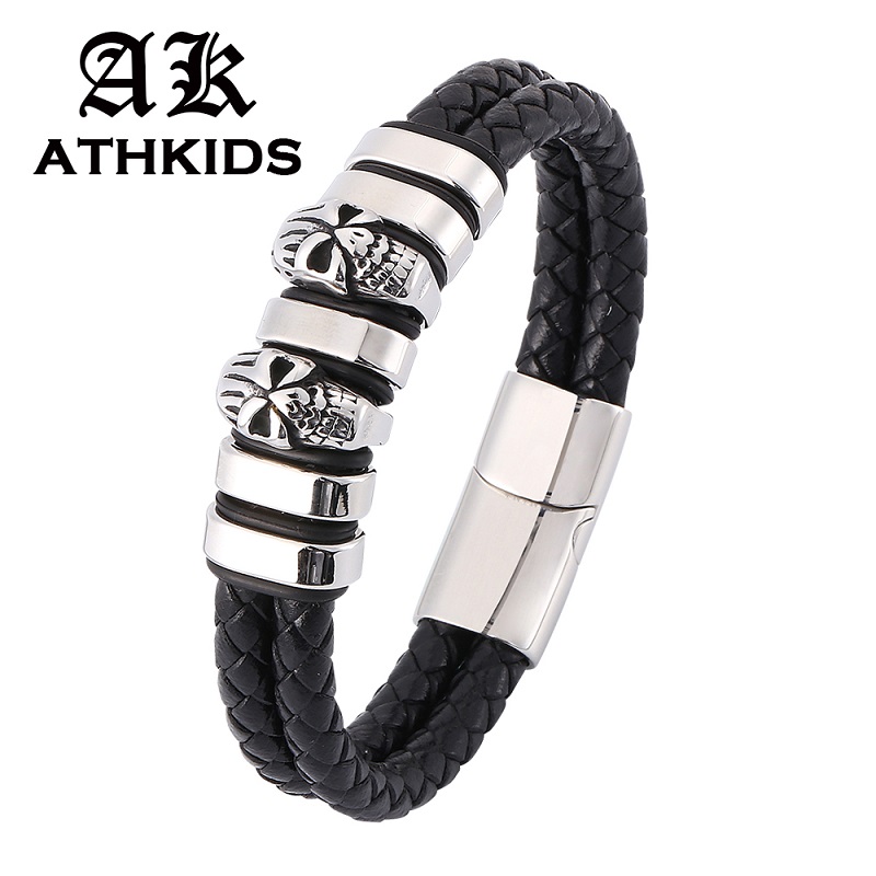 

Vintage Double Braided Leather Bracelet Men Stainless Steel Skull Magnetic Clasp Leather Bracelets Punk Bangles Gifts PD0366