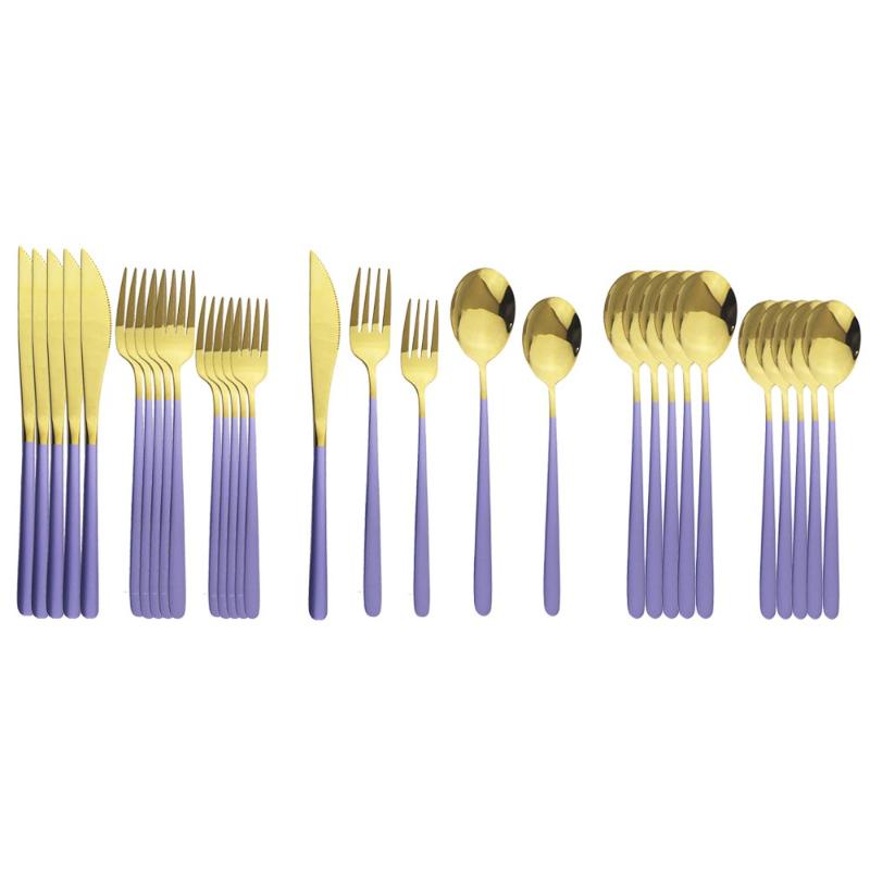 

30Pcs/Set Purple Gold Dinnerware Set 304 Stainless Steel Flatware Knife Fork Spoon Tableware Cutlery Set Kitchen Silverware