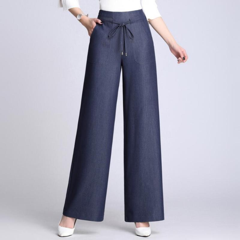 

Free Shipping New YY New Women Denim Wide-leg Pants High Waist Solid Color Lady Half Elastic Waist Belt Lacing Up Long Jeans, Blue