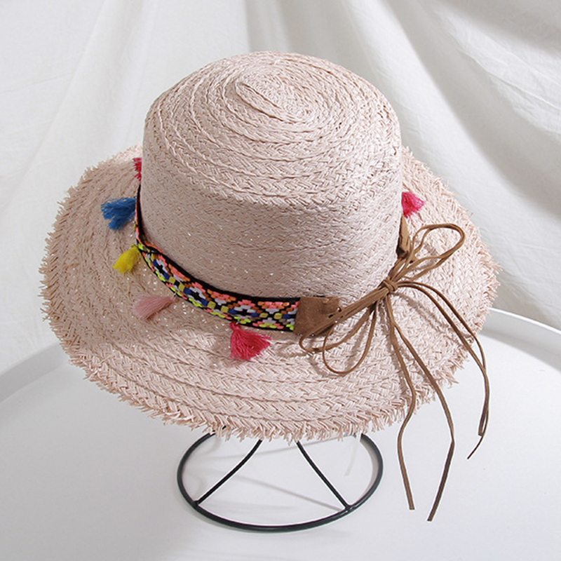 

Women Sun Hats Korean Fashion Bow Ethnic Style Colorful Tasseled Sunshade Top Hat for Travel in Spring Summer Hats for women, A white