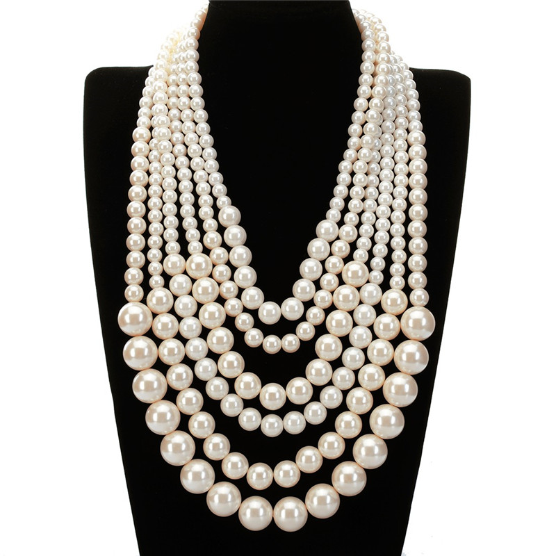 

JEROLLIN Elegance Golden BBC Bead White Pearl 6 Chain Pendant 7 Colors Necklace Mulitilayer Statement Necklaces Women Jewerly