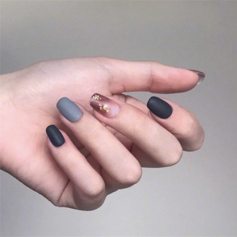 

24pcs/set Dye Black Grey Frosted Wearable Full Cover Finished Fingernail tips Square Head Woman Fake Nails with Glue for girls, As