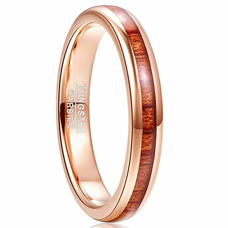 

4mm Men's Tungsten Carbide Ring Hawaiian Koa Wood Inlay Polished Finish Comfort Fit Rose Gold Ring