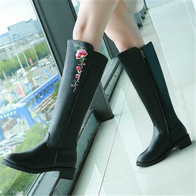 

Autumn Winter Fashion Boots high quality Leather Personalized embroidery Zipper High Heel Boots Women Shoes Botas Mujer 2020, Black