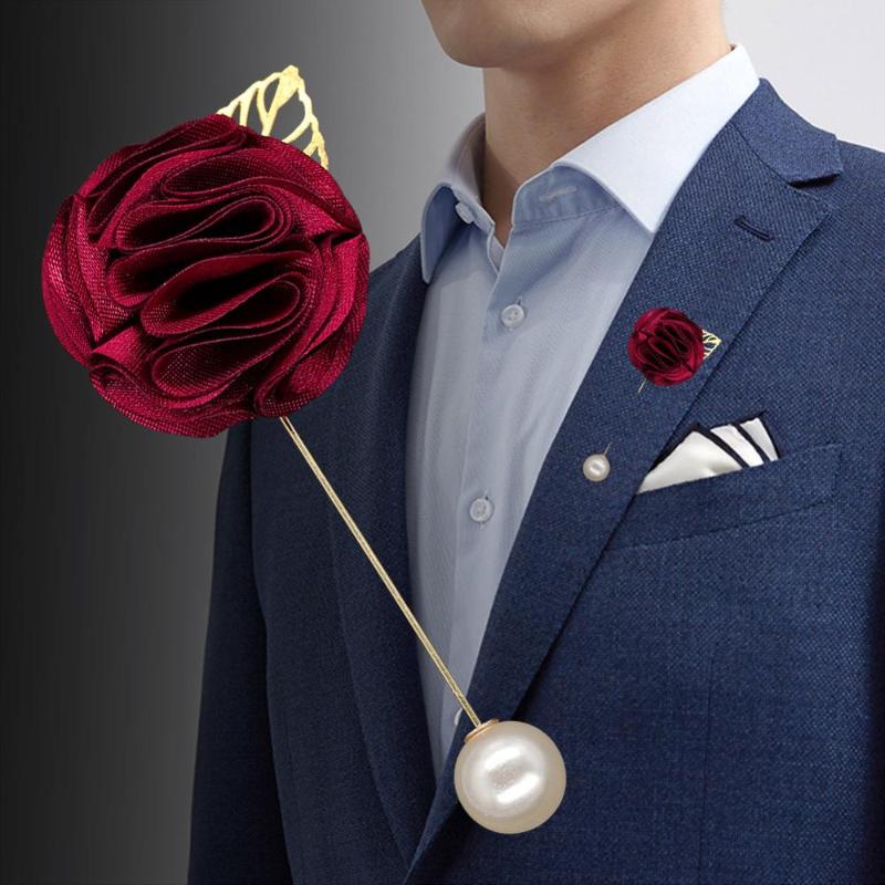 

Artificial Flower Boutonniere For Men Gold Lapel Pin Pearl Bridal Corsage Boutonnieres Simple Brooch Wedding Accesories XH1327-P, Red