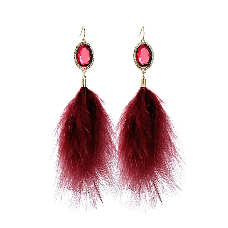 

New Fashion Jewelry Sexy Red Crystal Fluffy Feather Dangle Earrings For Women Party Charming Earrings Gift Accessories
