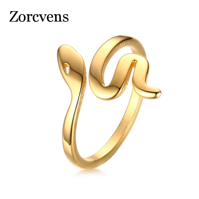 

ZORCVENS Fashion Snake Shape Ring Stainless Steel Jewelry Gold-color Bague Serpent Rings For Women Cute Party Jewelry