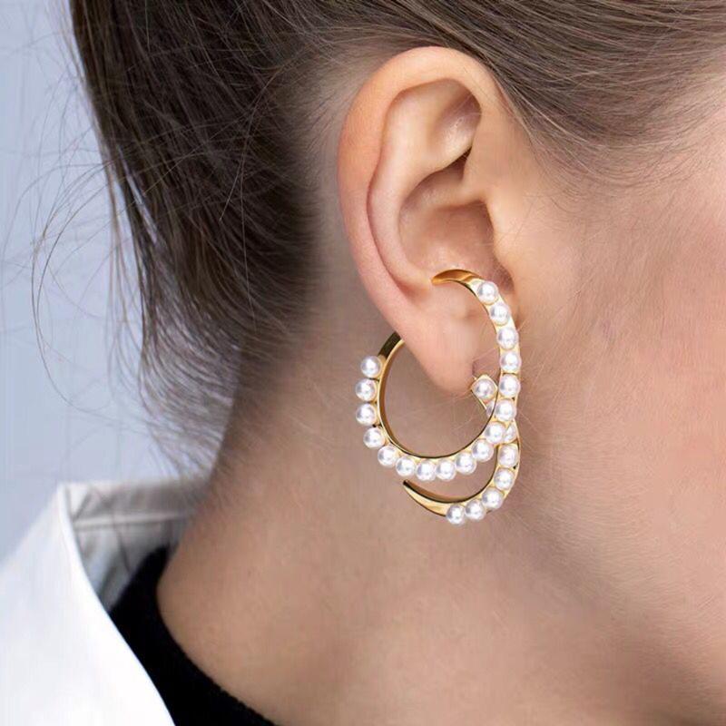 

Lalynnly Vintage Simulated Pearl Hoop Earrings For Women Girls Fashion Gold Color Geometry Earring Wide Jewelry AccessoriesE8089