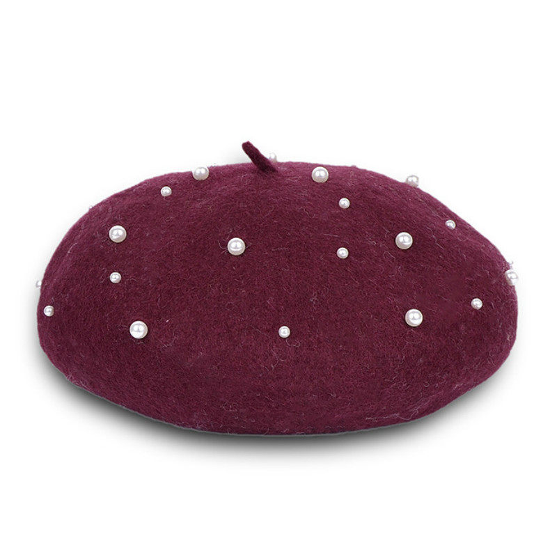 

Pearl Beret Hat for Women Cashmere Winter Retro French Winter Black Red French Artist Flat Fashion Red Yellow Lady Vintage Cap
