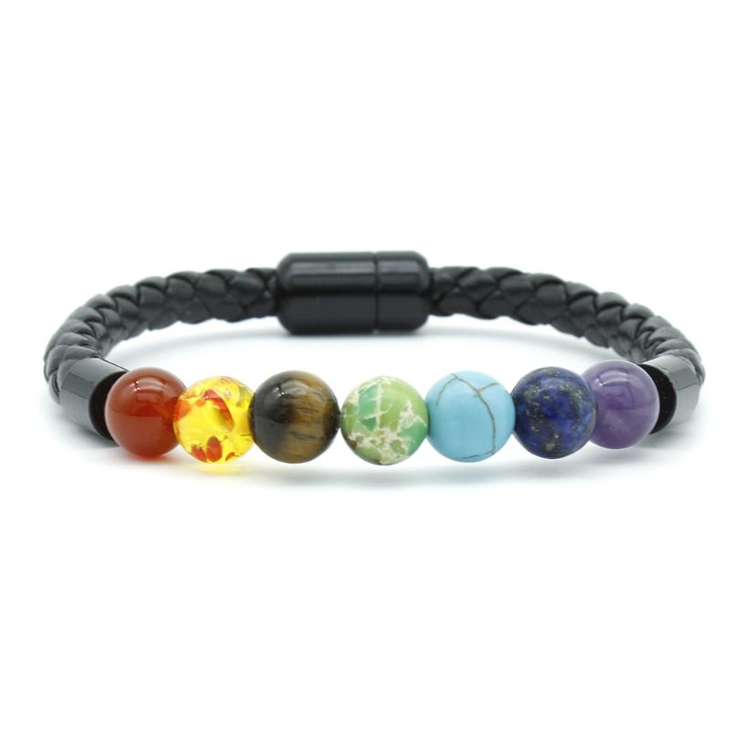 

New 7 Lava Chakra Leather Bracelet Men Mala Steel Stone Beads Black Stainless Bracelets & Bangles For Men Punk Jewelry