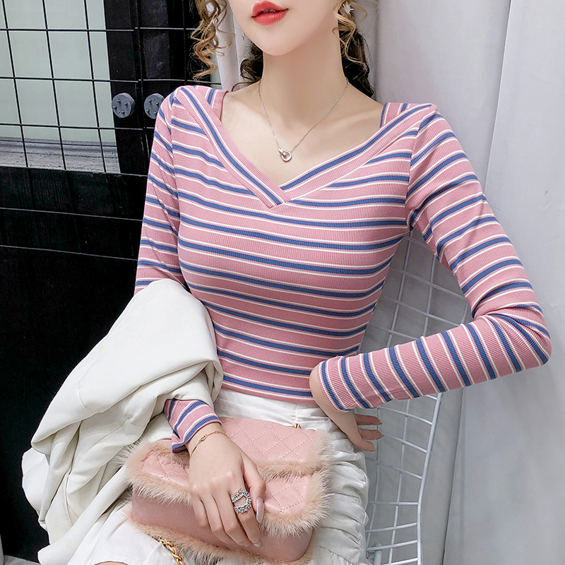 

Long-sleeved T-shirt Female 2020 Autumn New Style Korean-style Stripes Slim Slimming Western Style Sexy V-neck Solid Color, Blue stripes