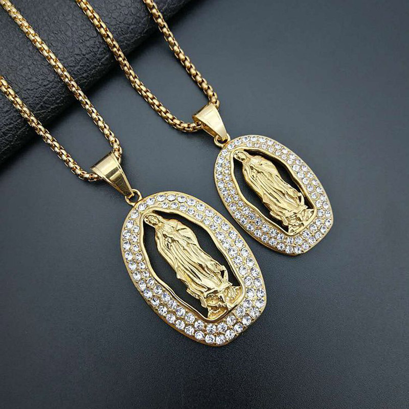 

Hip Hop Bling Iced Out Gold Color Stainless Steel Virgin Mary Pendants Necklaces for Men Rapper Jewelry Drop Shipping