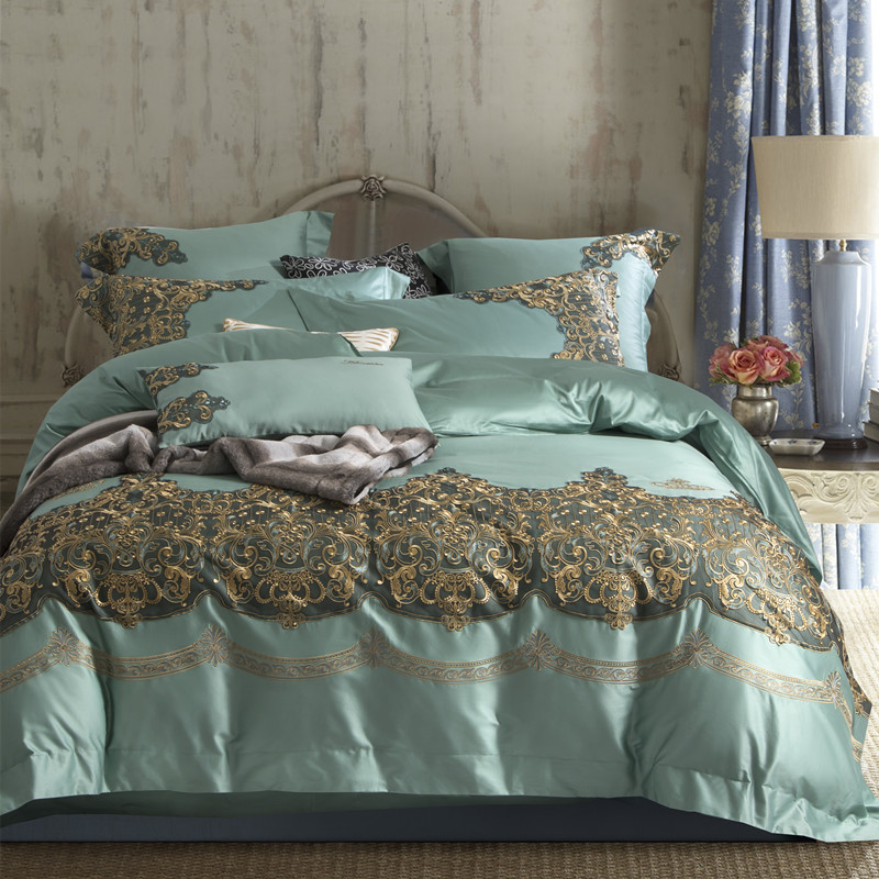 

Luxury 120S Egyptian cotton Embroidered Bedding set Queen King Lace Royal Duvet cover Bed sheet set Pillowcase 4/6pcs, Color 7