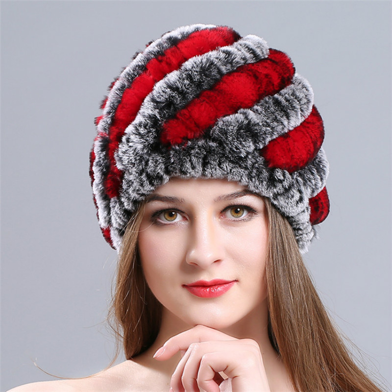 

Winter Warm Women Knitted Real Rex Fur Hat Natural Striped Rex Fur Cap lady Headwear Female Quality Casual Beanies, C1