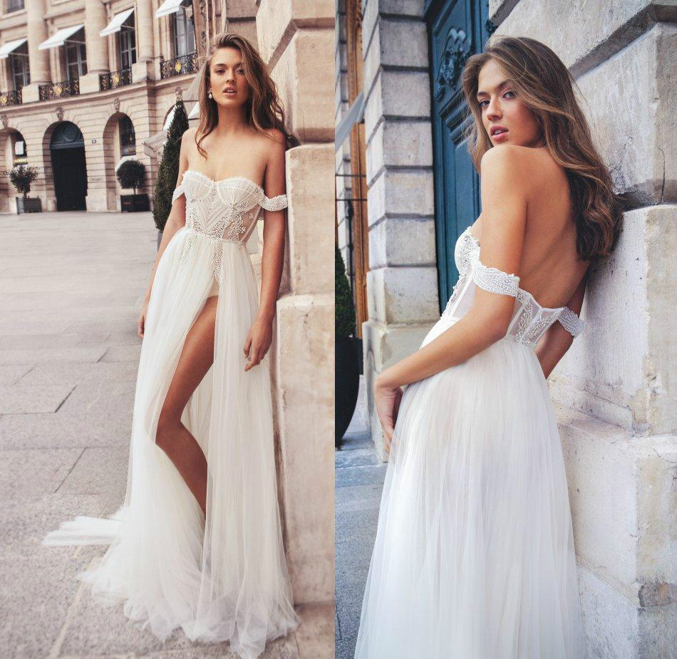 

Elihav Sasson A Line Wedding Dresses Off Shlouder Split Tulle Crystal Pearls Beading Wedding Dress Custom Made Vestidos De Novia, Chocolate