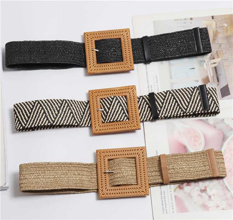 

New Vintage Knitted Wax Rope Wooden Bead Waist Rope Women Smooth Buckle Belt Woman Woven Female Hand-Beaded Braided Belt, Black