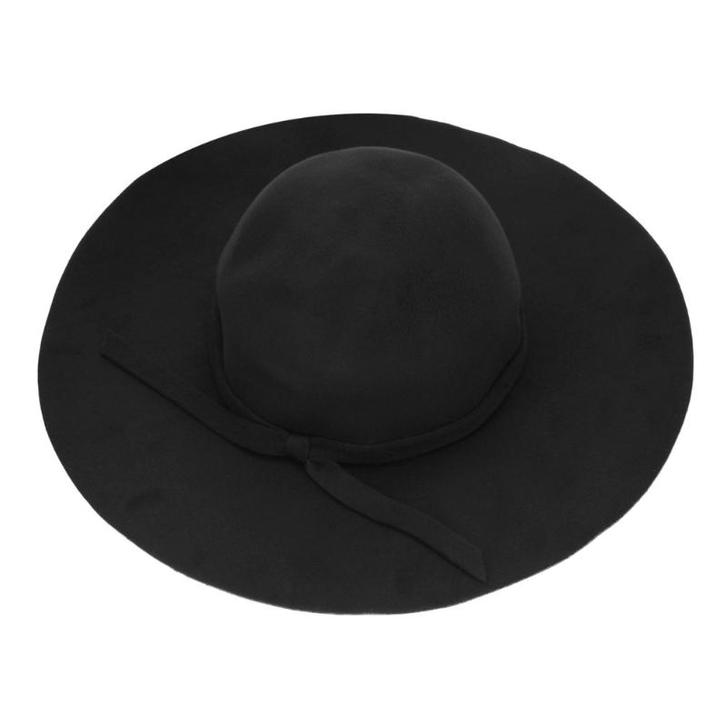 

Stylish Vintage Women's Lady with Wide Brim Wool Bowler Fedora Hat Floppy Cloche Sun Beach Bowknot Cap Hot, Black