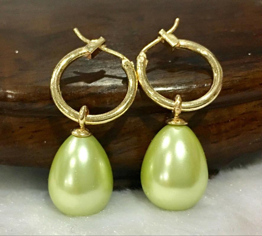 

LARGE 12x16MM DRIP Olive SOUTH SEA SHELL PEARL DANGLE EARRING