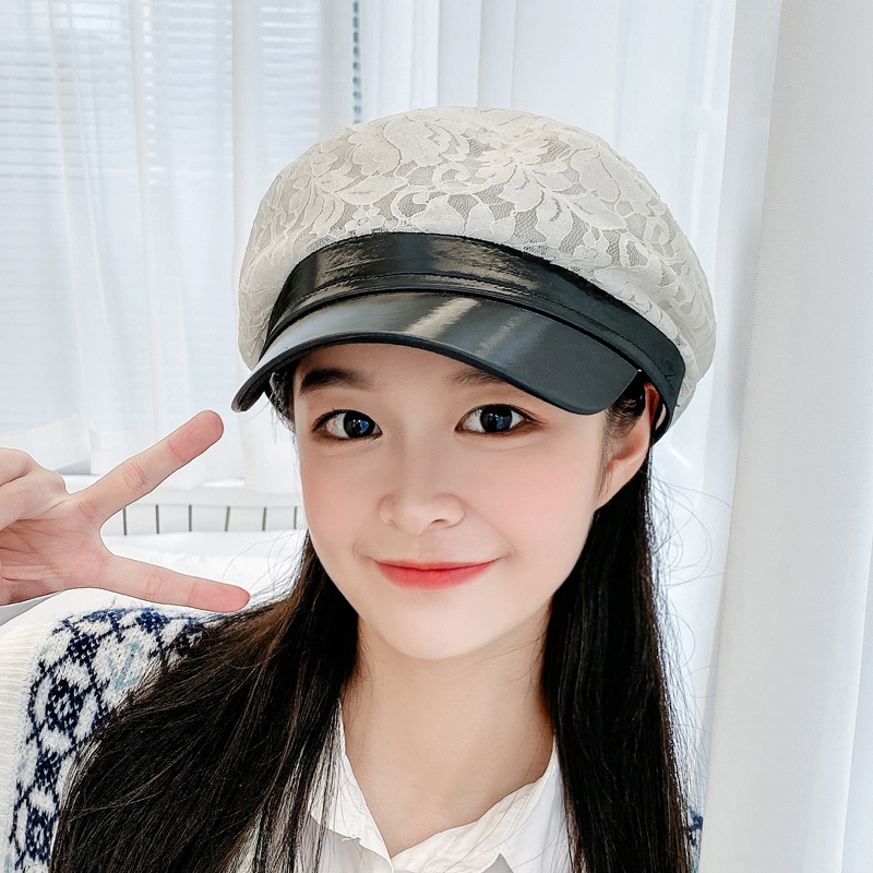 

New Autumn Thin Section Women Newsboy Caps Female PU Leather Patchwork Lace Berets Visor Caps Breathable Elegant Painter Hat, White