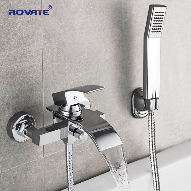 

ROVATE Bathtub Shower Set Wall Mounted Waterfall Bath Faucet, Bathroom Cold and Hot Mixer Taps Brass Chrome