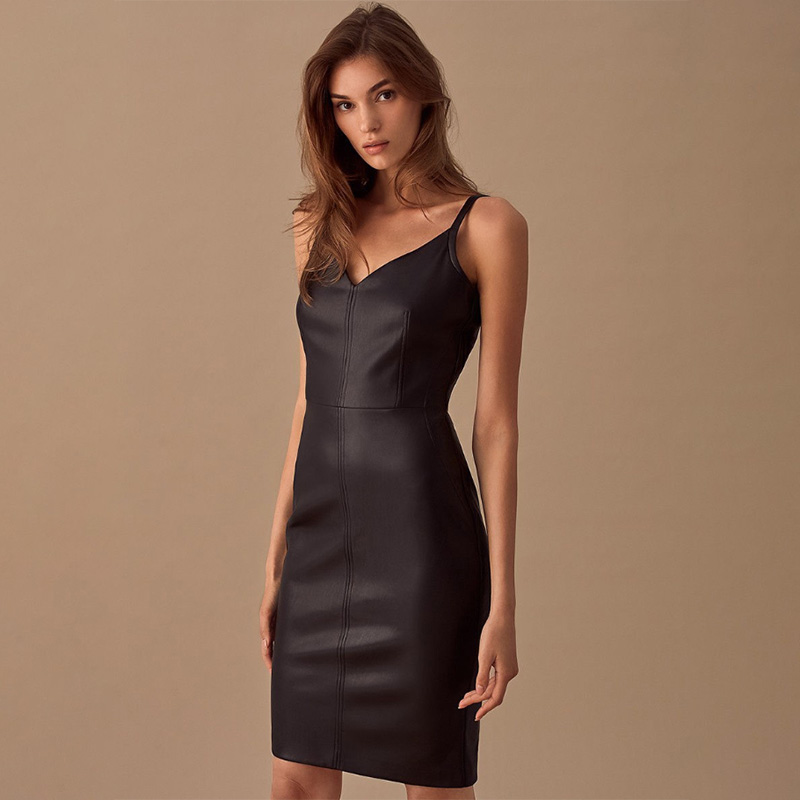 

Sexy v Neck Pu Leather Dress Sleeveless Spaghetti Strap Back Zipper Elastic Dress Party Club Dresses 2020 New Fashion, Black