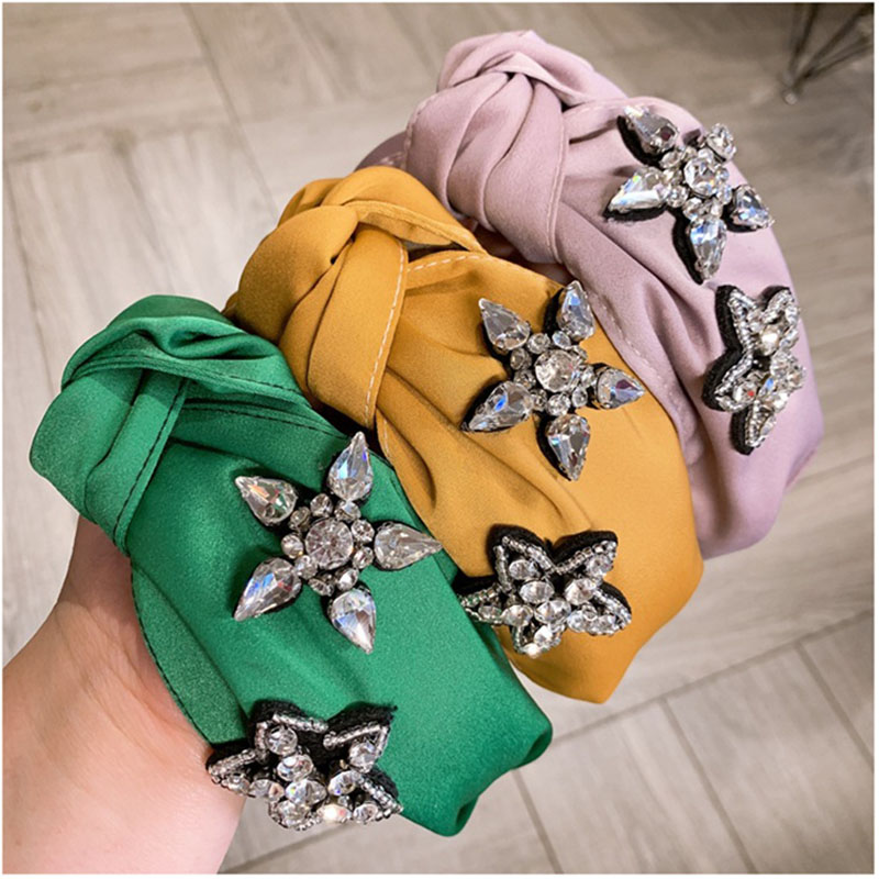 

New Elegant Lady Hairband Luxury Flash Rhinestone Star Headbands for Women Vintage Sequin Knotted Flower Satin Hair Accessories