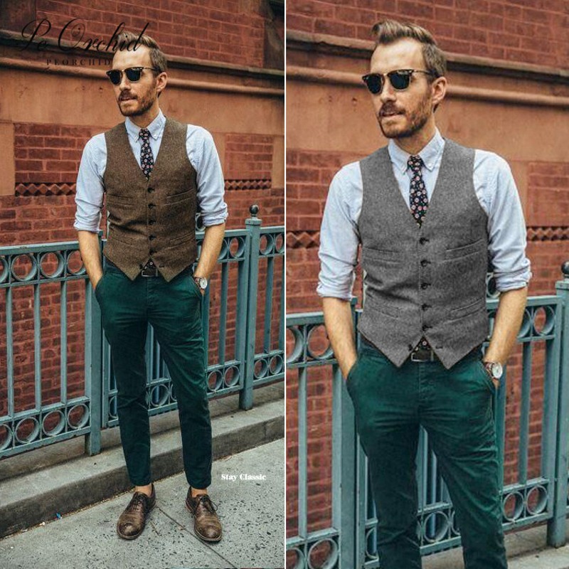 

PEORCHID Vintage Vest Men Casual Gilet De Costume British Style Formal Waistcoat Slim fit Herringbone Groom Wedding Men Vest, As pic