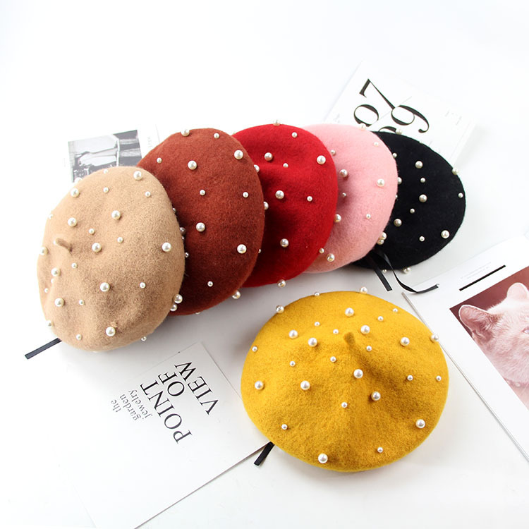 

10pcs/lot 01809-wei-ht2223 winter warm sweet pearl beret kids hat girl children Outdoor leisure cap, Black