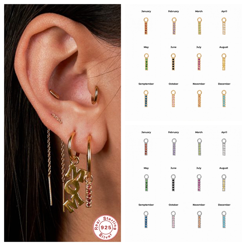 

925 Sterling Silver Bling Rainbow Zircon Birthstone Pendientes For Woman lovers' Girl Engagement Gift Hoop Earring Charm Jewelry