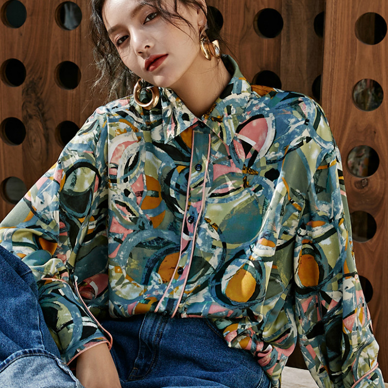 

Casual Floral Print Women Blouse 2020 Patchwork Home Lapel Long Sleeve Loose Fit Shirt Fashion Tide Spring Autumn Woman Tops, Green