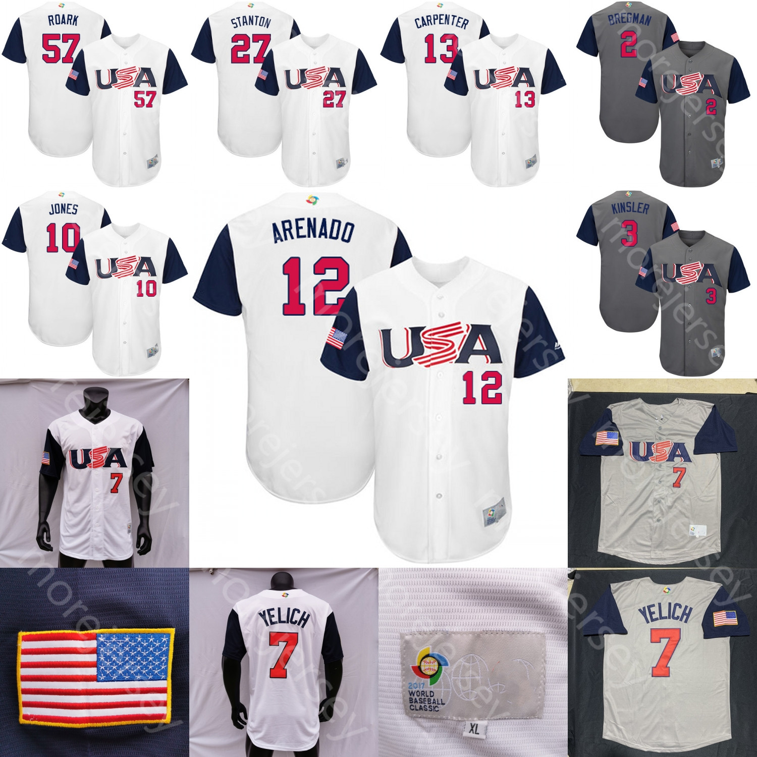 

2017 WBC Jersey USA Team Miller Danny Duffy Tanner Roark David Robertson Josh Harrison Murphy Lucroy Crawford Goldschmidt Kinsler Size M-3XL, Men white