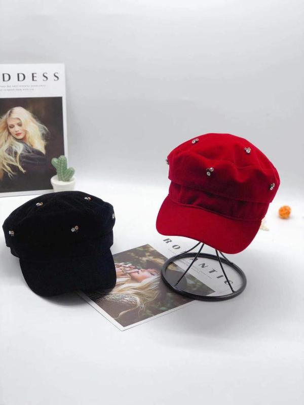 

202007-xusheng autumn velvet Shining rhinestone lady Octagonal hat women visors cap, Red