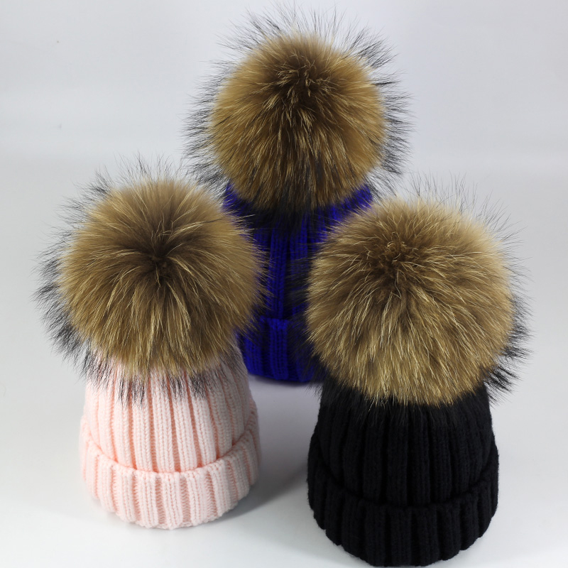 

Spring Winter Knitted Real Fur Hat Women Thicken Beanies Hats with Big Raccoon Fur Removable Pom poms Knitting Beanie Caps ZZ-01