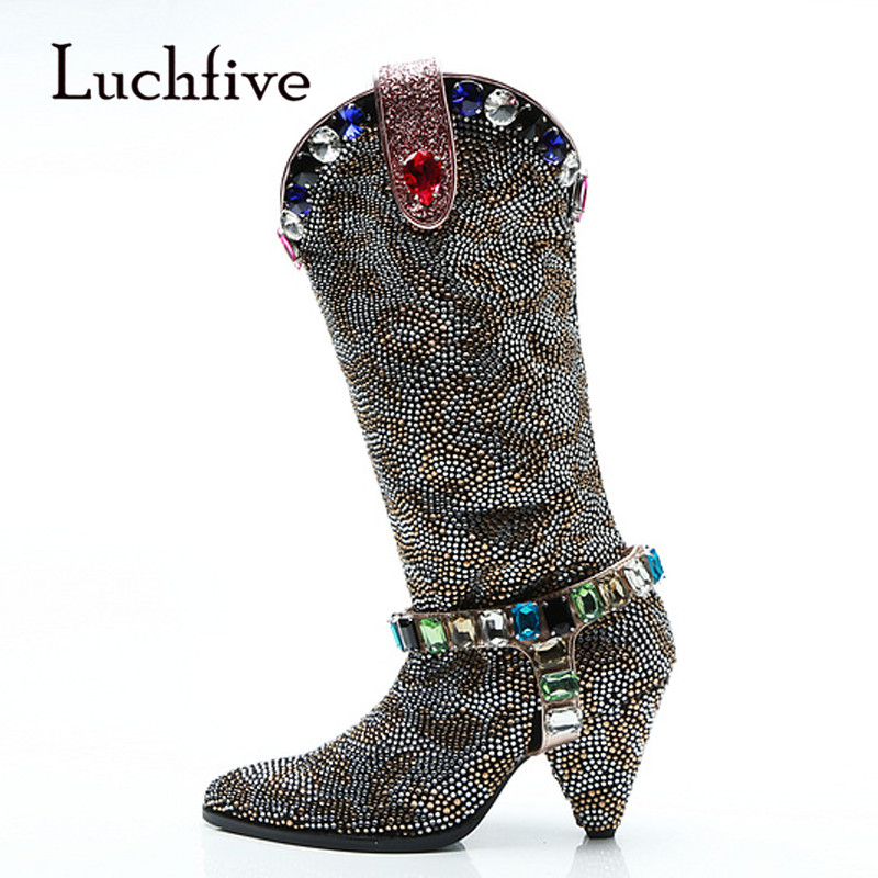 

2020 Bling Rhinestone Knee High Boots Woman Pointed Toe Mixed Color Crystal Diamond Strange High Heel Boots Women Knight, Multi