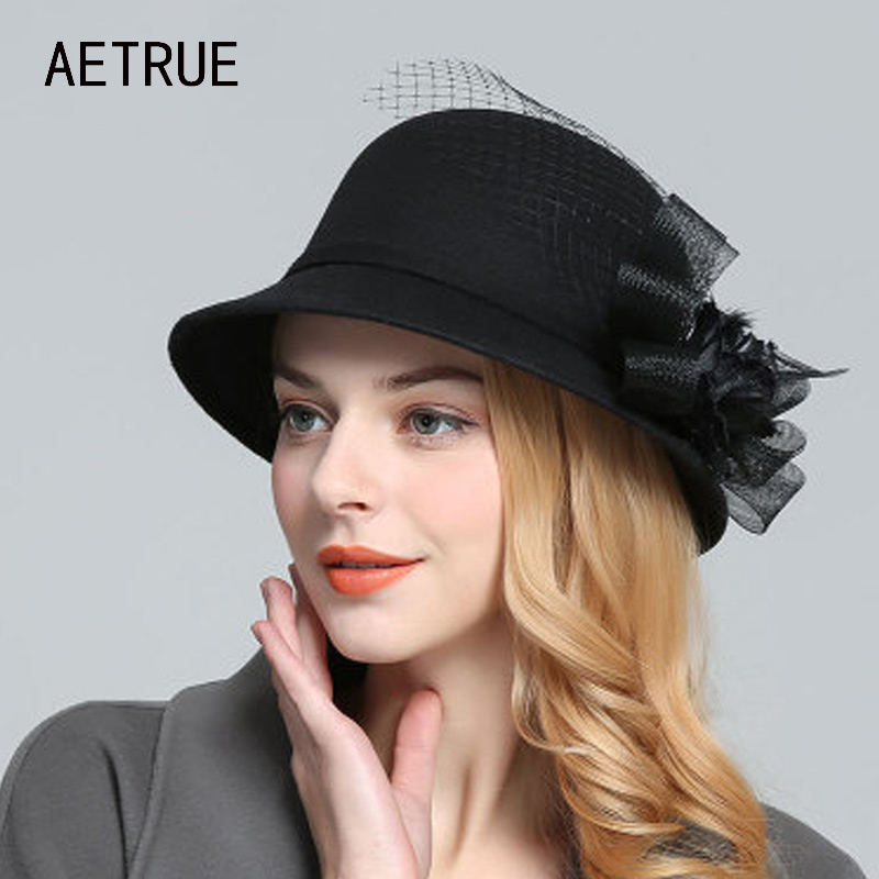 

Flower Black Woolen Women Fedoras Pure Dome Female Spring Winter Hats For Women Floral Solid Wool Lady Wide Brim Girls Fedoras
