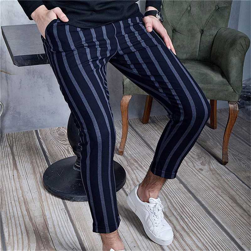 

Autumn Men Stripe Pants Casual Lace Up Middle Waist Pencil Pants Fashion Streetwear Male Skinny Trousers, Black