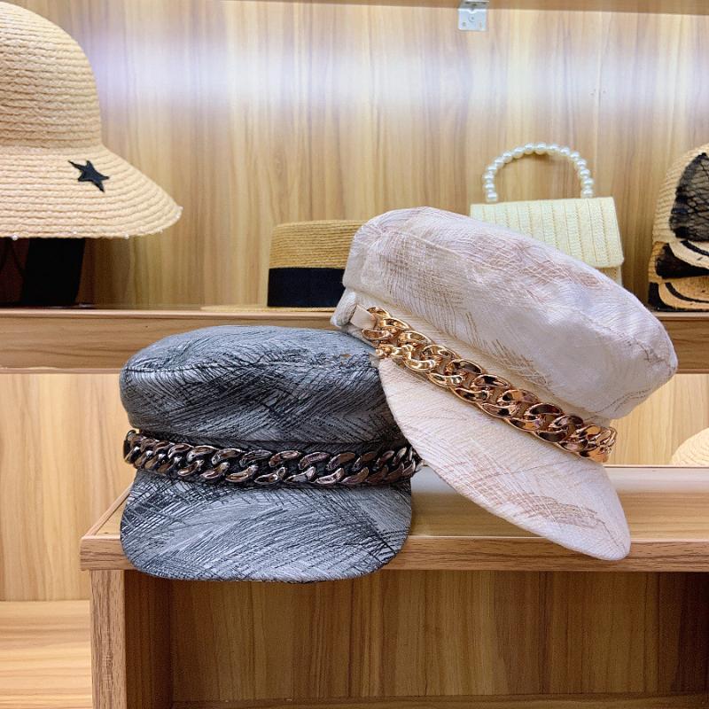 

202007-axi new fashion Metal Chain Geometric fabric lady Octagonal cap women leisure street visors hat, Beige