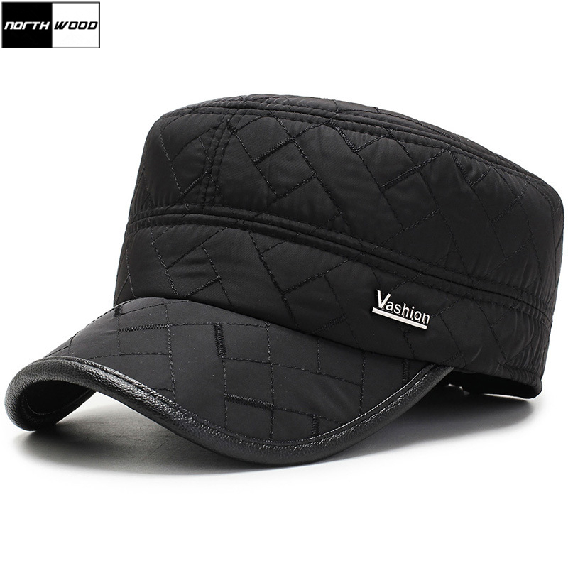 

NORTHWOOD] High Quality Men's Baseball Cap With Ear Flaps Winter Hat Flat Top Snapback Hats Bone Trucker Caps, Black