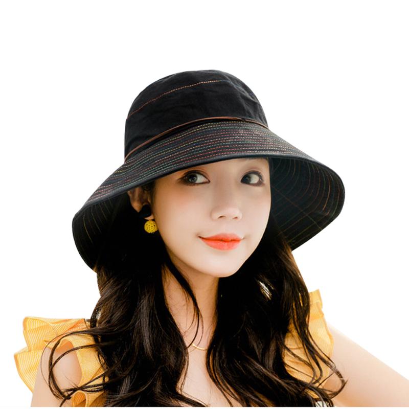 

Topi Beach Lady Femal Women Girl Cotton Breathable Cap Black 58CM cotton Parasol Sombrero Stripped Wide Brim Chapeau Sun hat