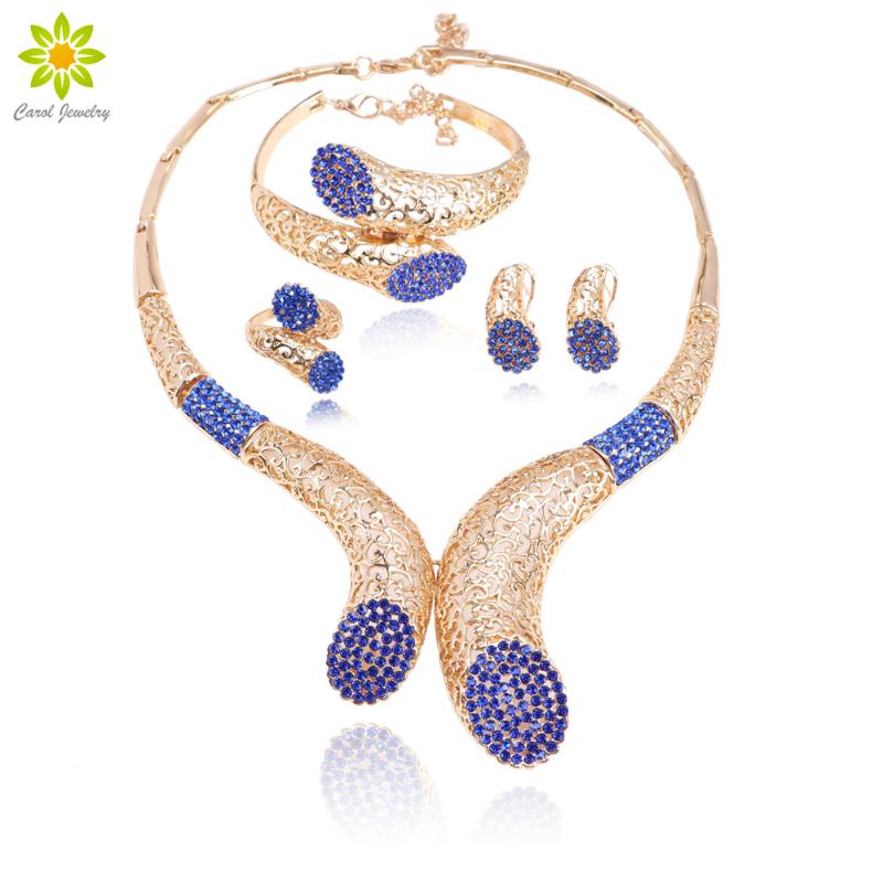 

Fashion African Women Gold Color Jewelry Sets Blue Crystal Necklace Ring Earrings Charm Bride Wedding Jewelry Accessories, As pic