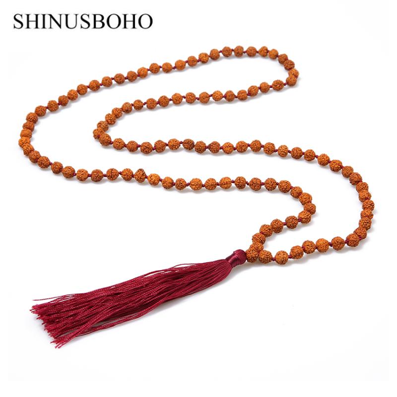 

SHINUSBOHO Classical Necklace Men Women Rudraksha Beads Knotted Rope Indonesia Strand Necklace Femme Prayer Tassel Long Kolye