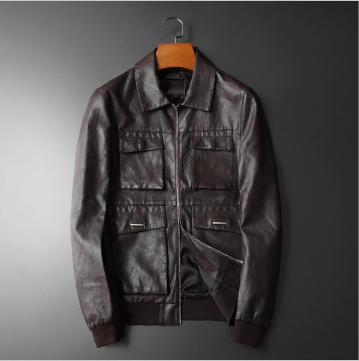 

New Autumn Winter Male PU Leather jacket Men Lapel handsome Locomotive jacket Coat Masculino casual Multiple pockets jackets top, Black