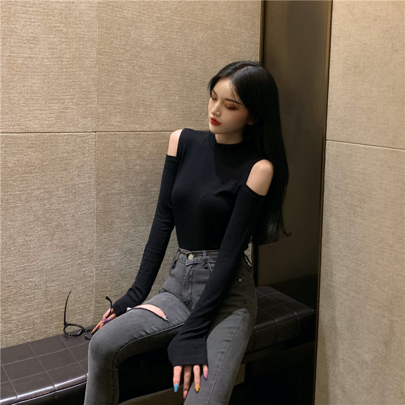 

Photo Shoot Autumn New Style Korean-style Fashion Sexy Strapless Versatile Long-sleeved T-shirt Early Autumn Tops WOMEN'S D, Gray