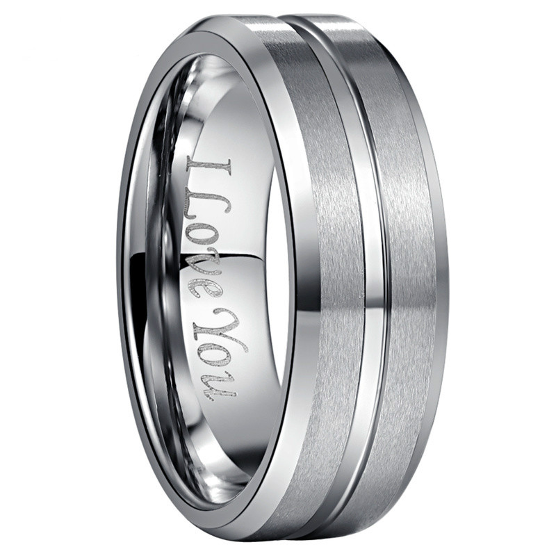 

No Engrave I love you 8mm Width Tungsten Carbide Ring Steel Color Matte Surface Middle Groove Tungsten Steel Men's Ring